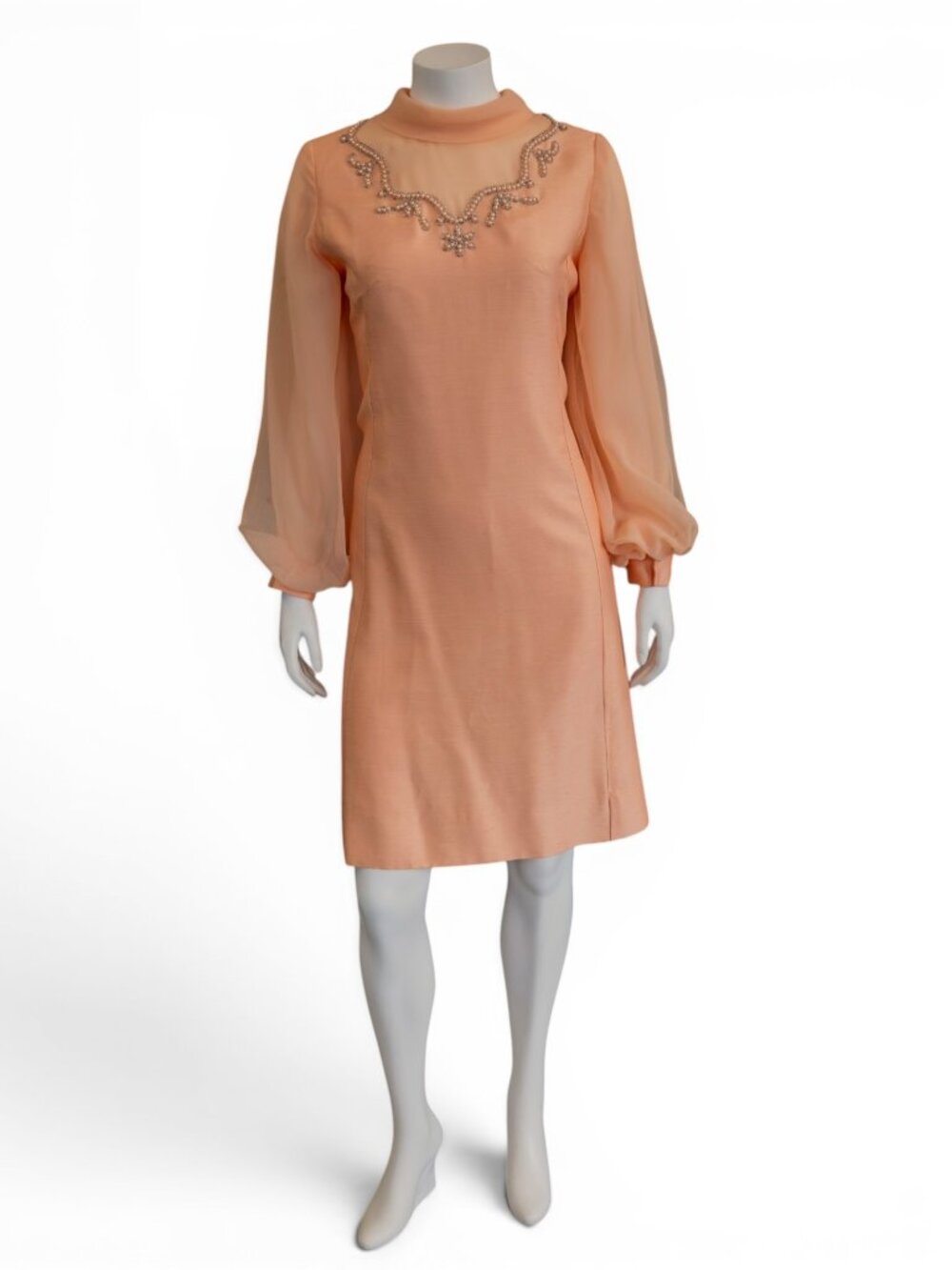 Vintage 1960s Peach Beaded Cocktail Dress | Sheer Chiffon Sleeves w/Bow Back